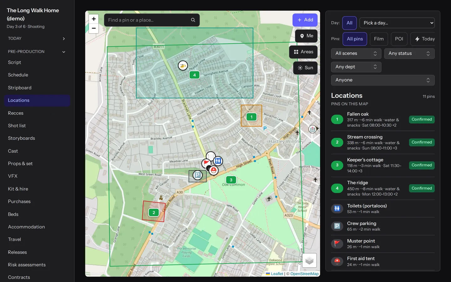 StoodioHub: Locations as pins on a map, with walking times, parking and first aid