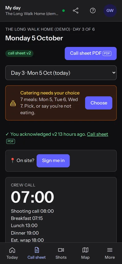 StoodioHub on a phone: My day: each person's call time and call sheet
