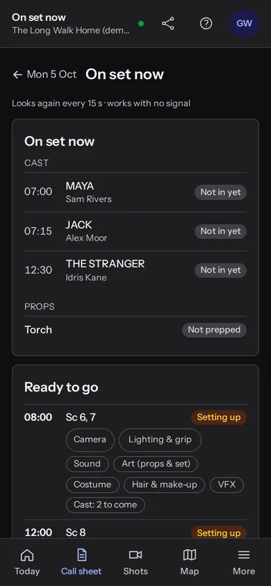 StoodioHub on a phone: On set now: who's in, what's ready